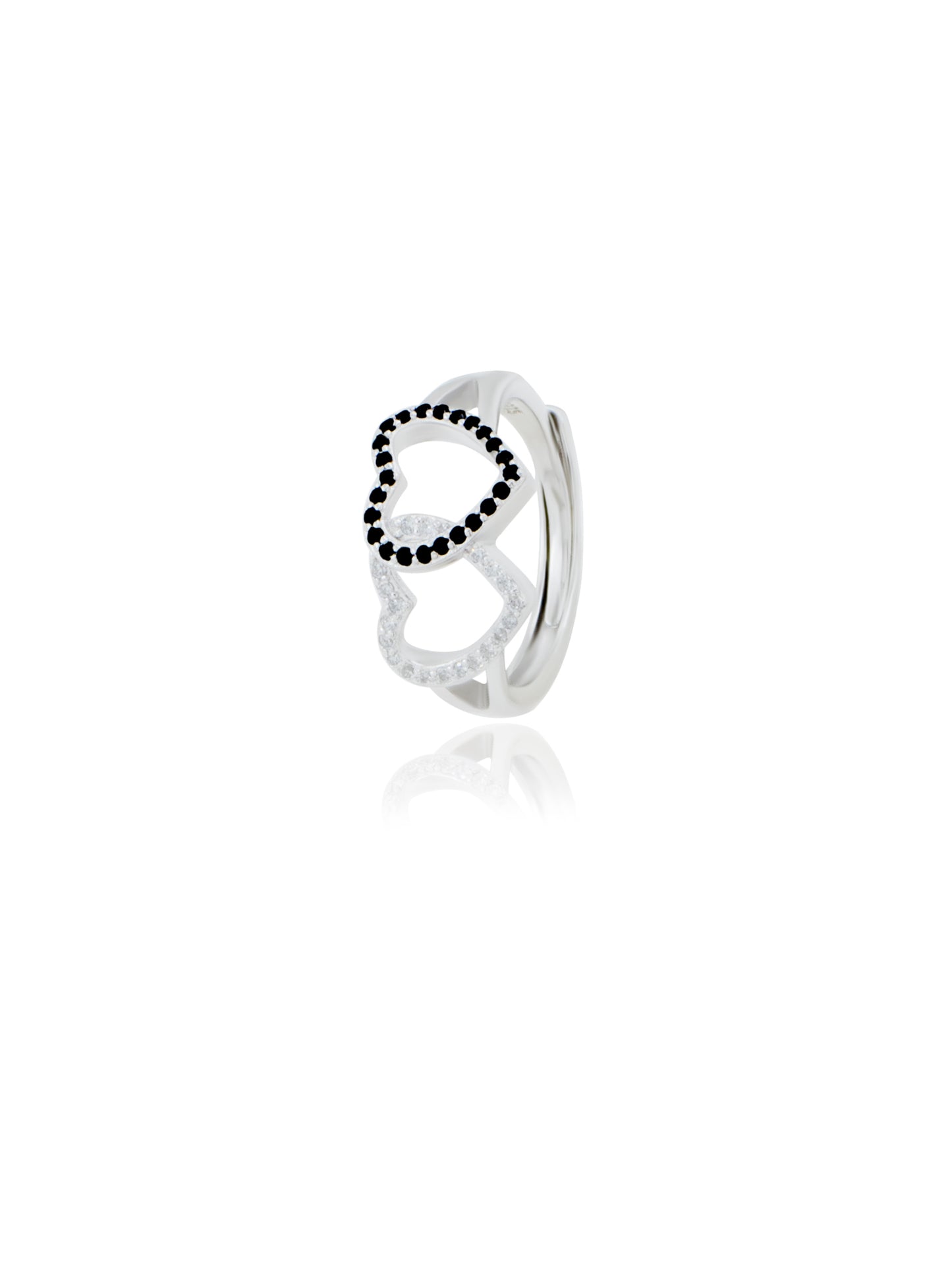 Dual Heart Ring with Black Stones and Swarovski Zircon