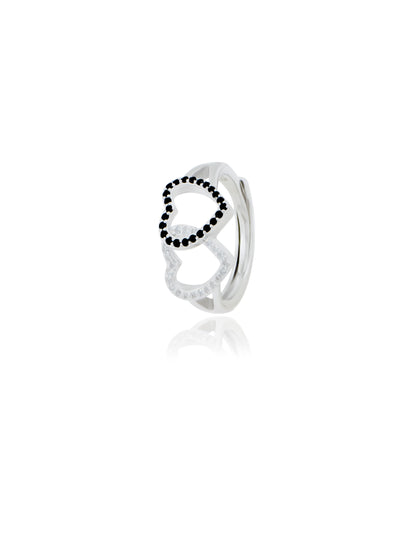 Dual Heart Ring with Black Stones and Swarovski Zircon