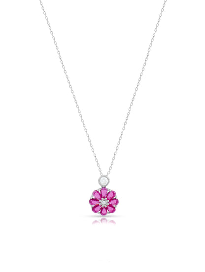 Floral Pendant Chain with Pink Gemstones and Solitaire