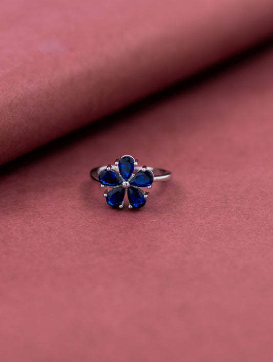 Flower Design Ring with Blue Stone