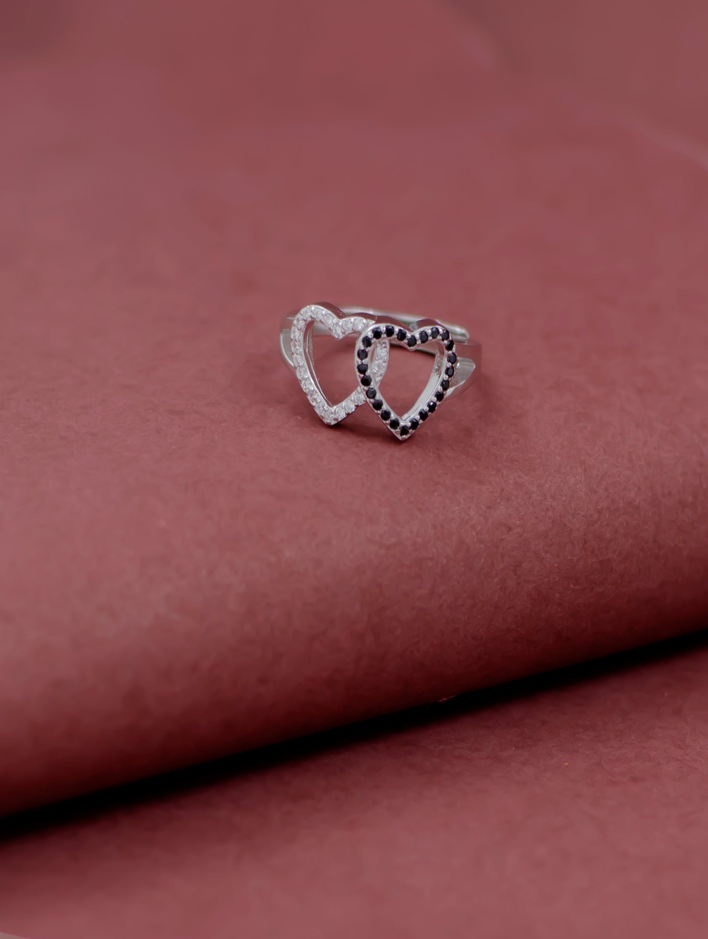 Dual Heart Ring with Black Stones and Swarovski Zircon