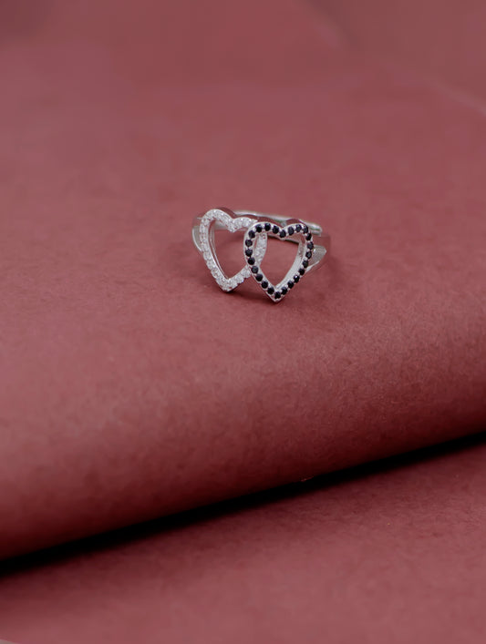 Dual Heart Ring with Black Stones and Swarovski Zircon