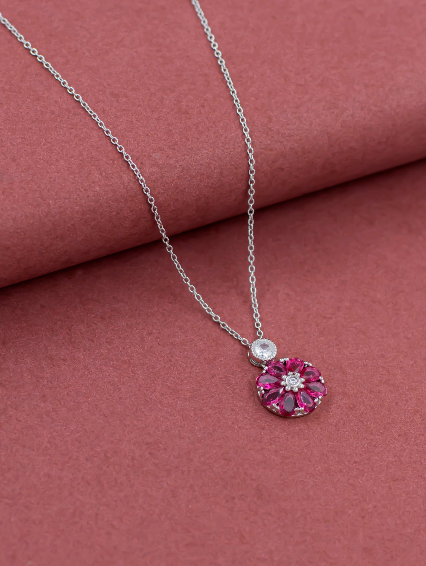 Floral Pendant Chain with Pink Gemstones and Solitaire