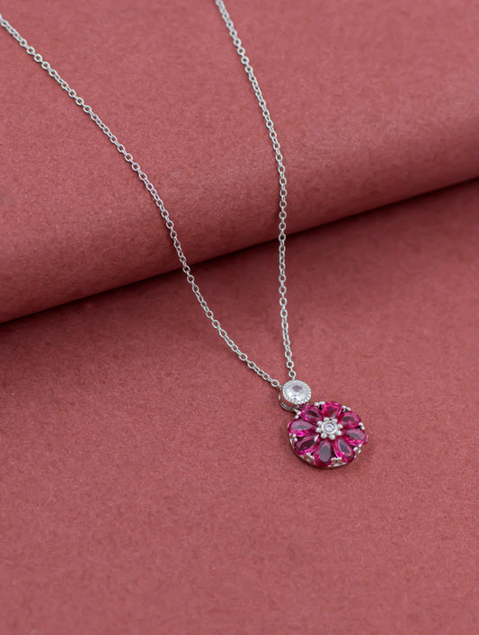 Floral Pendant Chain with Pink Gemstones and Solitaire