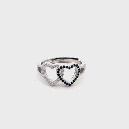 Dual Heart Ring with Black Stones and Swarovski Zircon