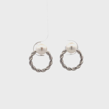 Intertwined Circular Hoop Earrings with Top Pearl Accent